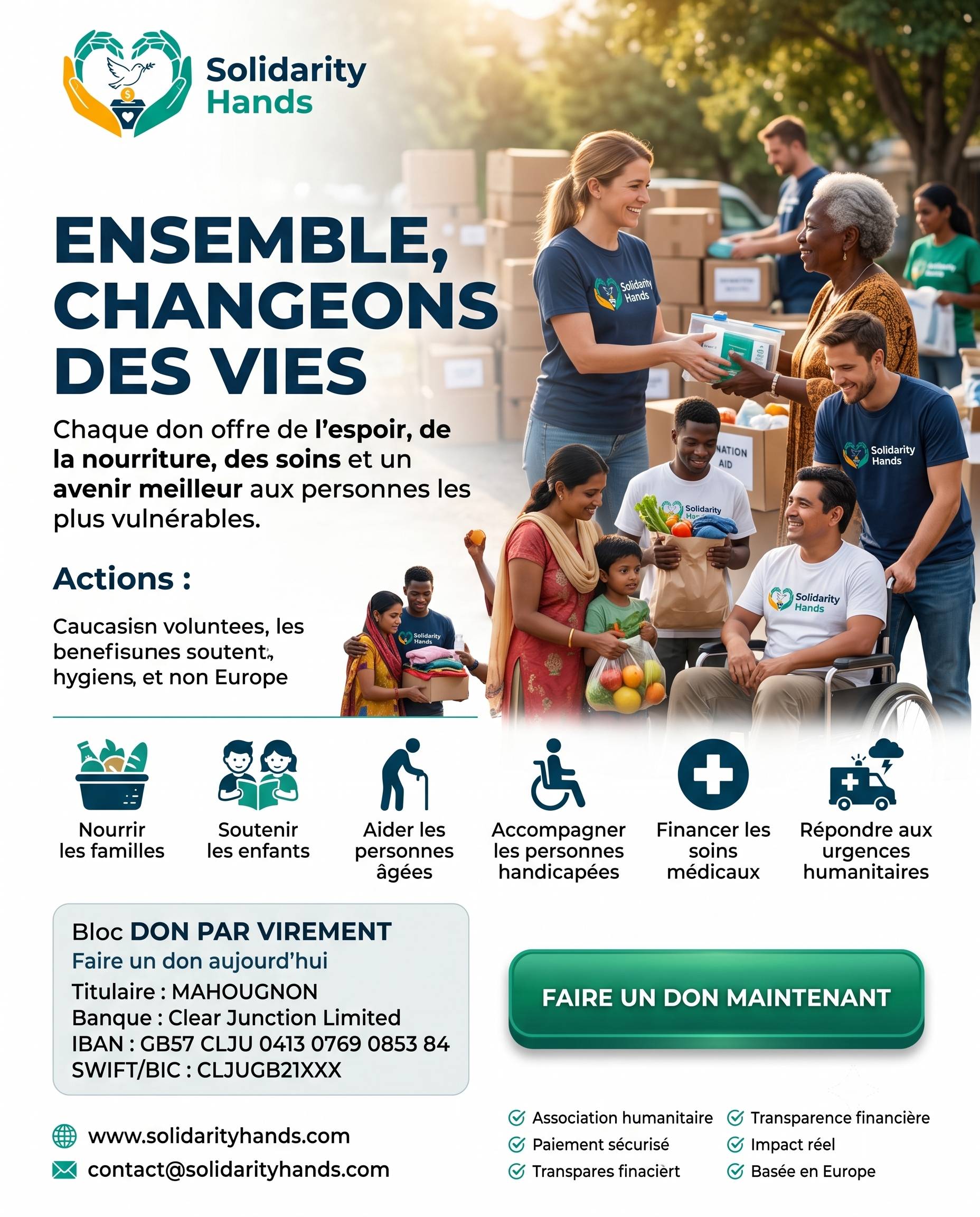 Bénévoles Solidarity Hands distribuant des colis à des familles, des personnes âgées et des personnes en situation de handicap