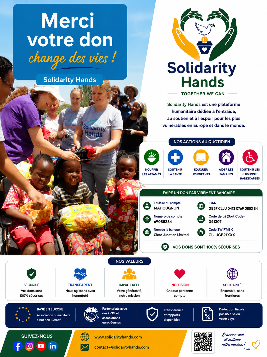 Affiche de remerciement Solidarity Hands montrant des bénévoles distribuant des colis et présentant les engagements de l’organisation